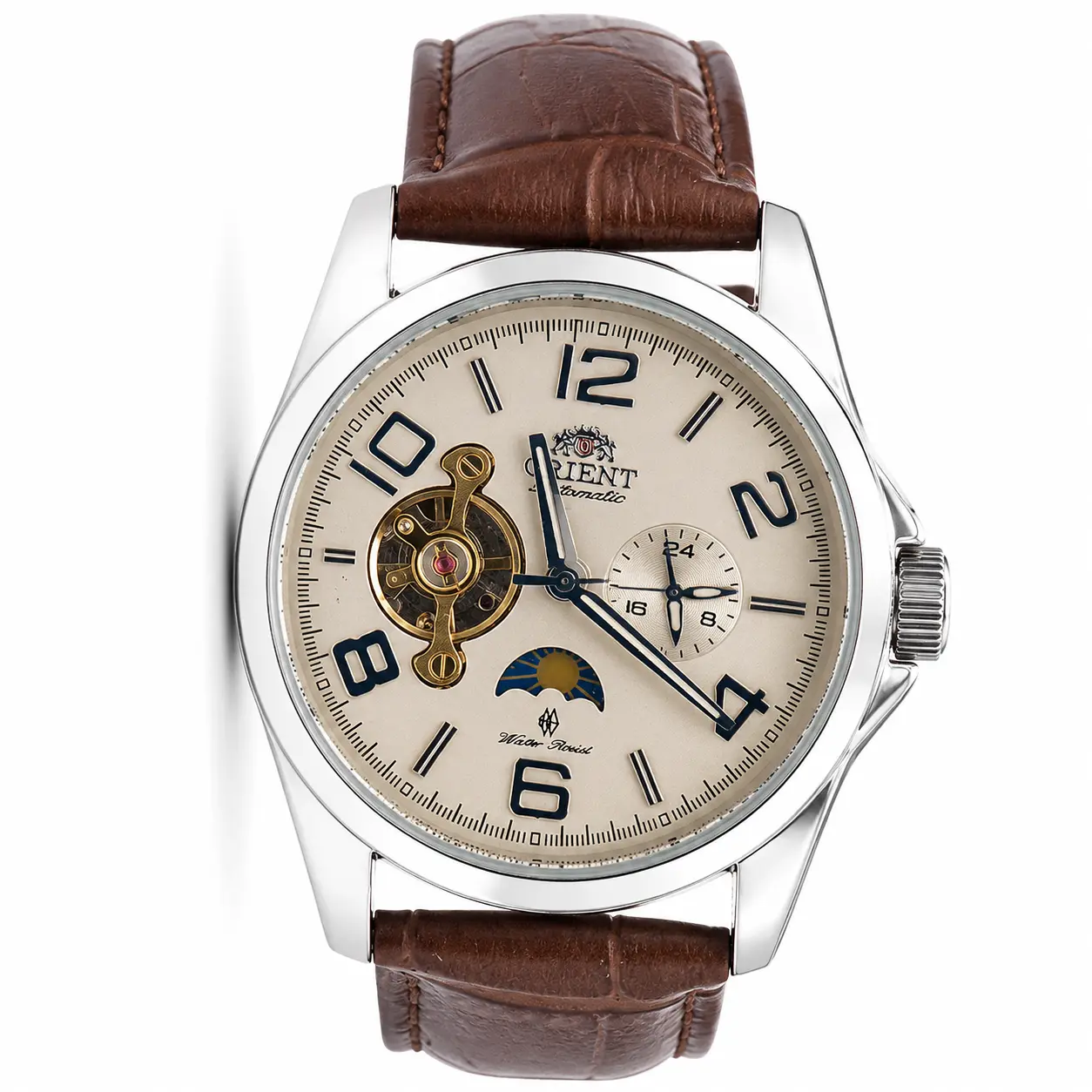 BrightHomePro  Men's Moonphase Automatic Watch, Open Heart Skeleton Dial, 24-Hour Subdial, Genuine Brown Leather Strap, Water Resistant Business Mechanical Wristwatch with Large Numerals