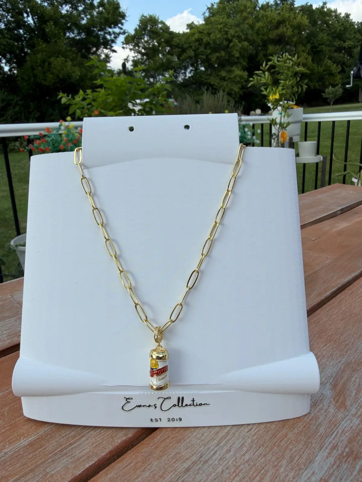 Victoria Clásica Beer Can Charm Necklace | Nicaraguan Gold Paperclip Chain
