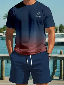 Men's Summer Sports Set, Summer Activewear, Breathable Outdoor Casual T-Shirt and Shorts, 3D Print, Lightweight Polyester, Ideal for Hiking and Family Gatherings