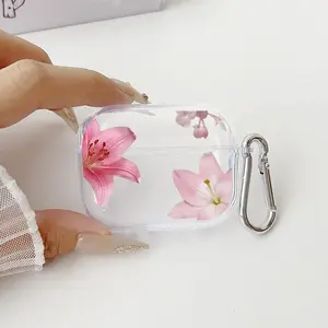 Blushing Floral Grace Pattern Protective Case for AirPods 4/3/2/1/Pro/Pro2 Soft TPU Earphone Cover, Transparent with Keychain
