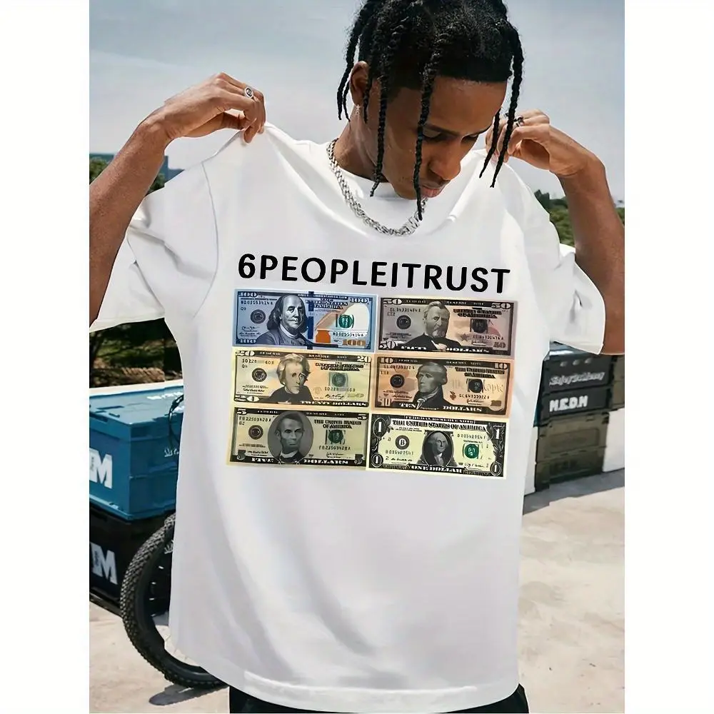 100% Cotton Men'S "6 People I Trust" Pattern Cotton T-Shirt - Casual Crew Neck Short Sleeve, 100% Cotton Knitted Fabric, Black With Dollar Bill Design, All Season Comfort Fit, Cotton T-Shirt, Large Size Menswear Top Tsh Golf Gift T-Shirt For Men And Women
