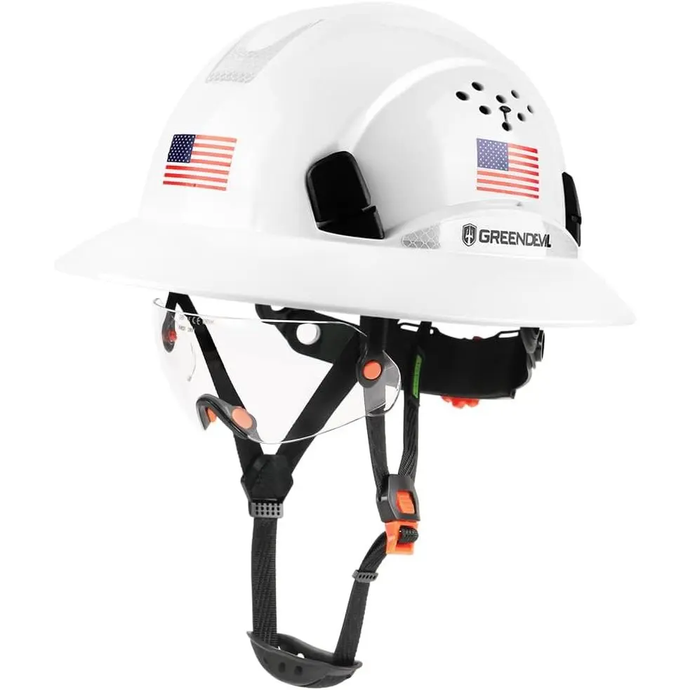 OSHA-Approved Vented Full Brim Hard Hat - 6-Point Adjustable Ratchet Suspension Construction Safety Helmet, 1 Size, Integrated Visor, Chinstrap, Cooling Towel for Farm & Warehouse Workers