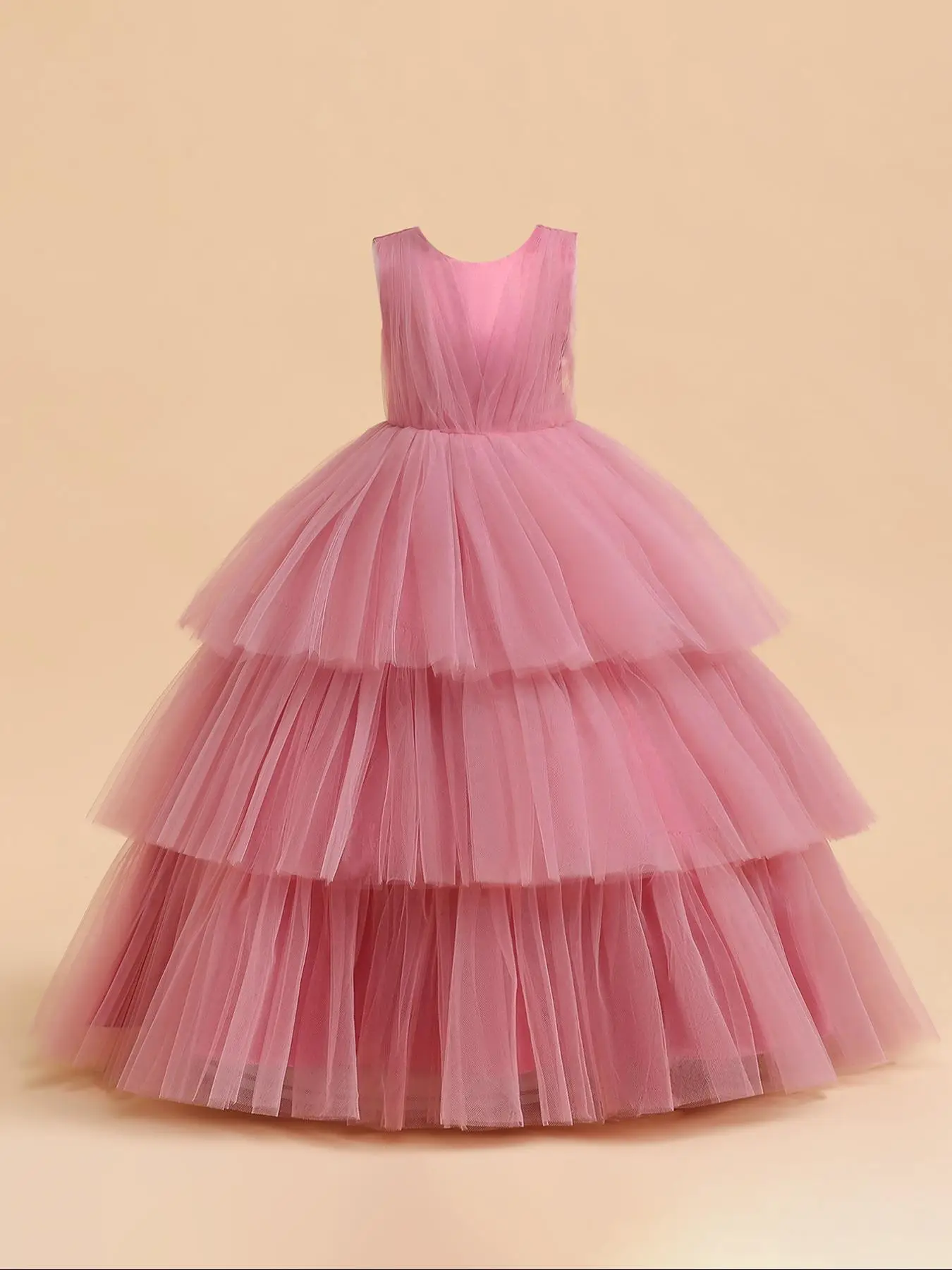 Girl's Bow Back Tiered Layer Tulle Sweater Dress, Elegant Sleeveless Round Neck Fit & Flare Dress for Party Wedding Guest, Kids Clothes for All Season