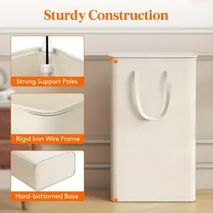 Small Laundry Basket with Lid, Narrow Foldable Dirty Clothes Storage Bin, Portable with Extended Handle, Suitable for Bedroom Laundry Room High Tube Laundry Basket, 65L Narrow Laundry Basket, White, 1 Piece