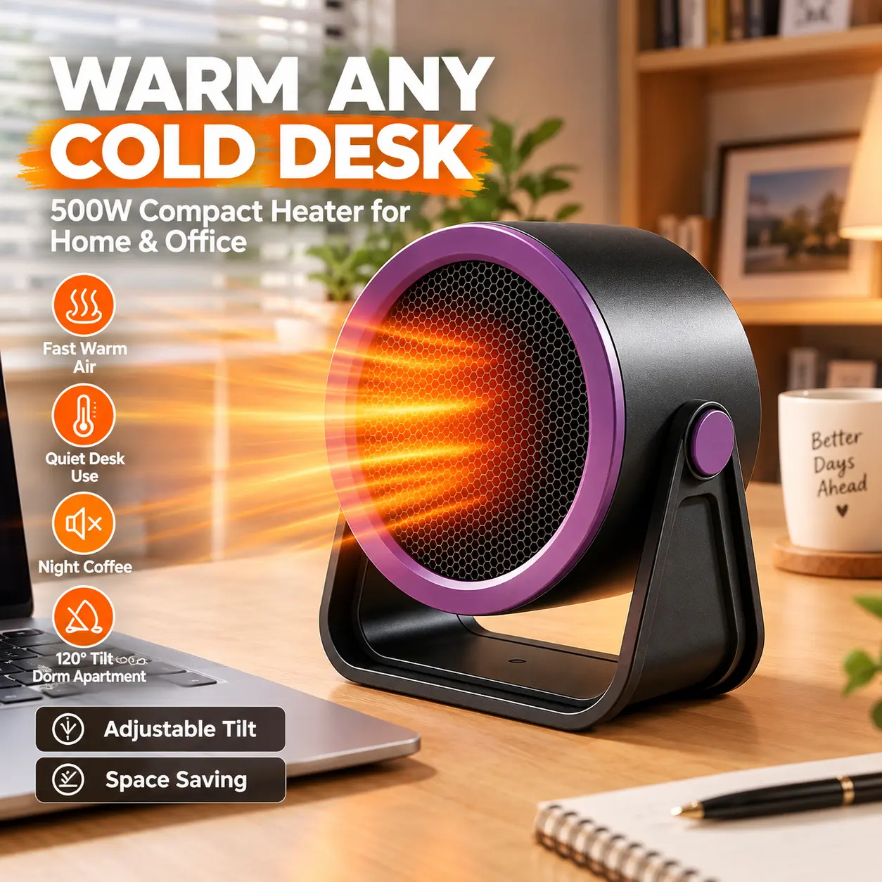 Portable 500W Small Desk Heater, Fast Warm Personal Space Heater, 120V US Plug Quiet Indoor Electric Heater with Overheat Protection for Bedroom, Office, Dorm