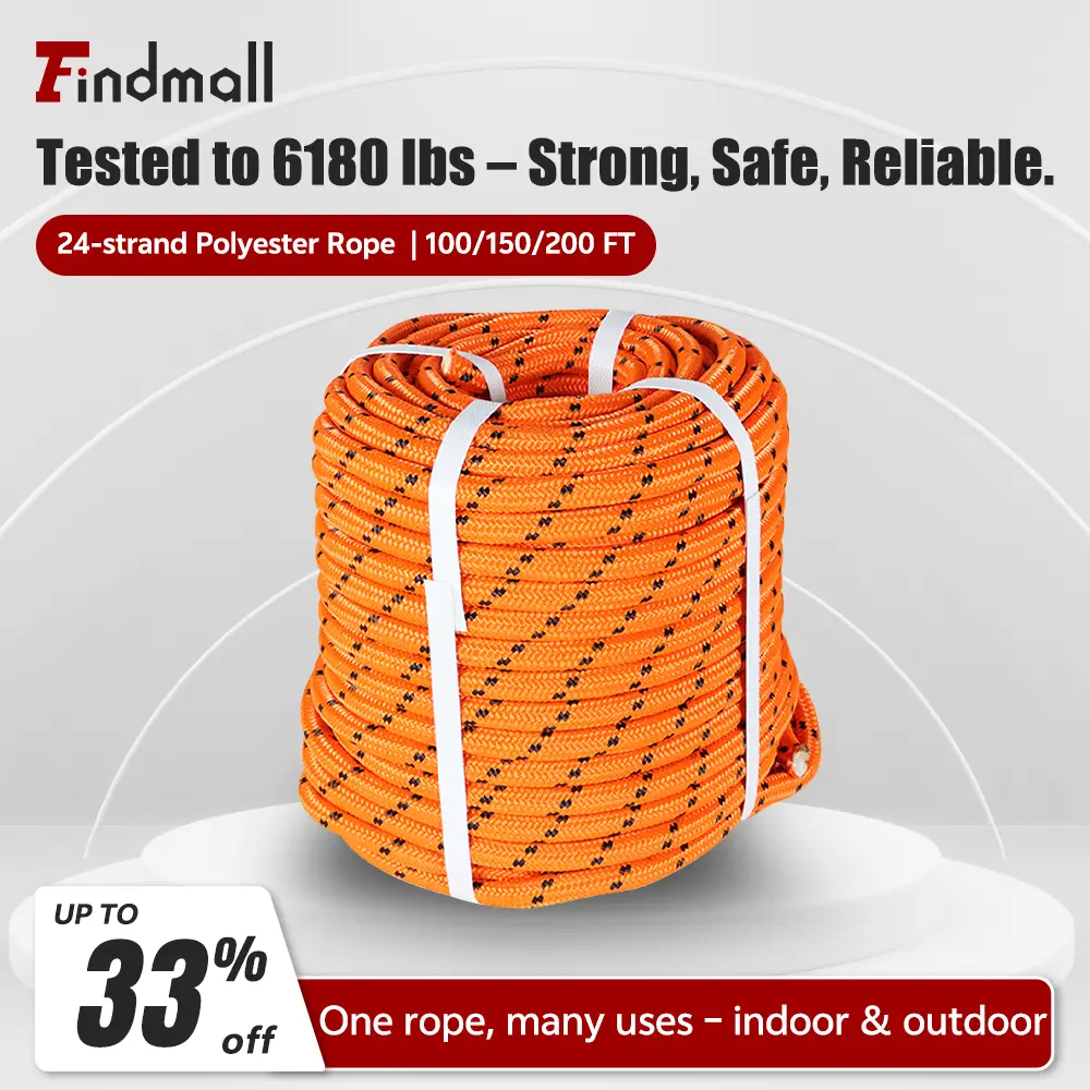 findmall Outdoor 1/2Inch 24 Braided Polyester Rope Tree Work Rope Rigging Rope for Outdoor Swing Camping In Multicolor 100/ 150/200 FT