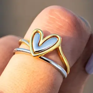 Minimalist Asymmetric Two-Tone Heart Ring for Women Unique Casual Style Valentine Gift Idea