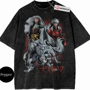 Inuyasha vs Sesshomaru Anime Streetwear Vintage Unisex Acid Wash Tshirt, Inuyasha Graphic Tee, Crewneck Medium Cotton Short Slevee Casual Printed Summer KTI 1CP