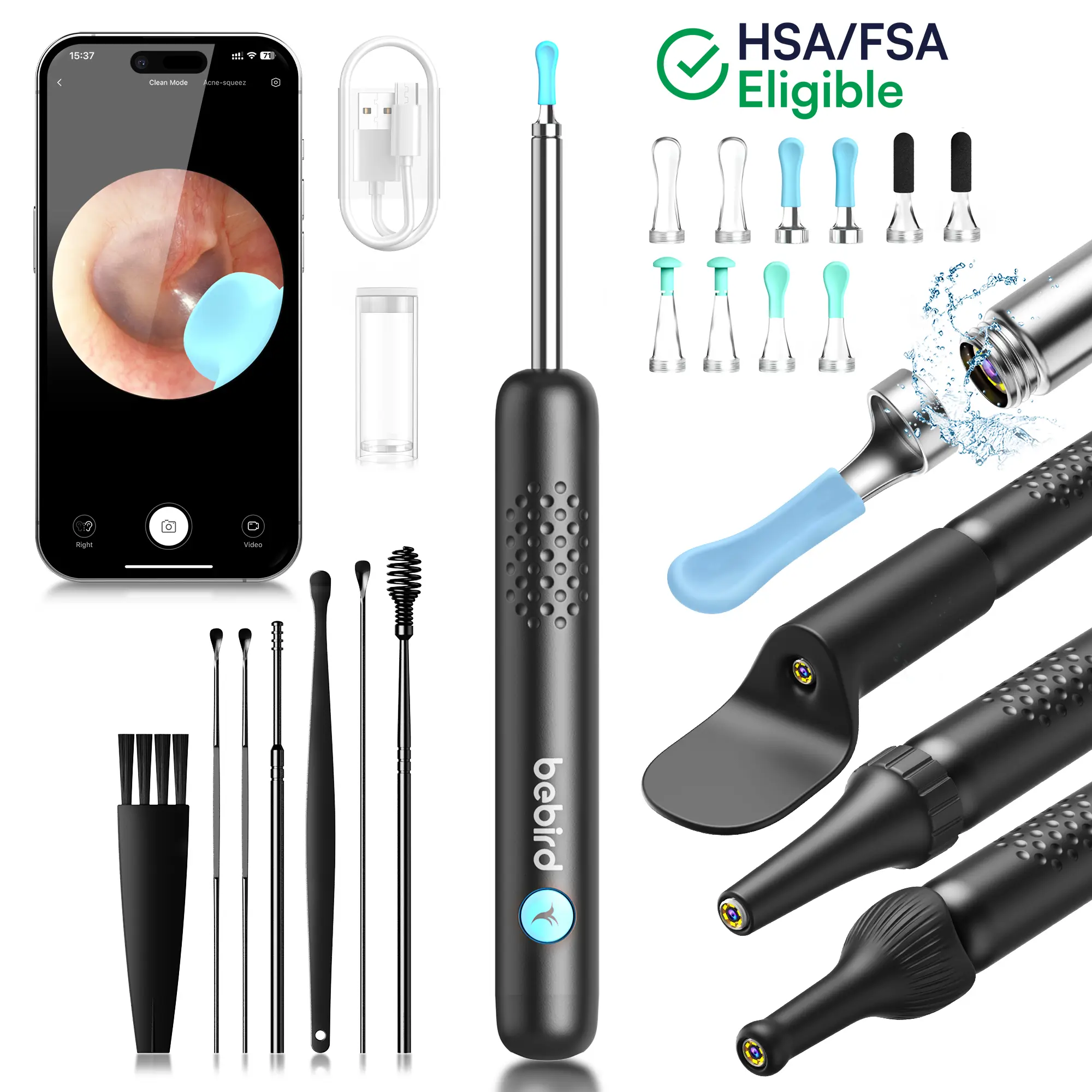 BEBIRD R1 Wax Removal Tool for Ear--HSA/FSA eligible Spade Ear Canal Cleaner with Camera 1080P Earscope, Wax Remove Ear Picker with Vari Replacement Tips, Camera with 6LED Light for Ear/Nose/Throat Examination, Black
