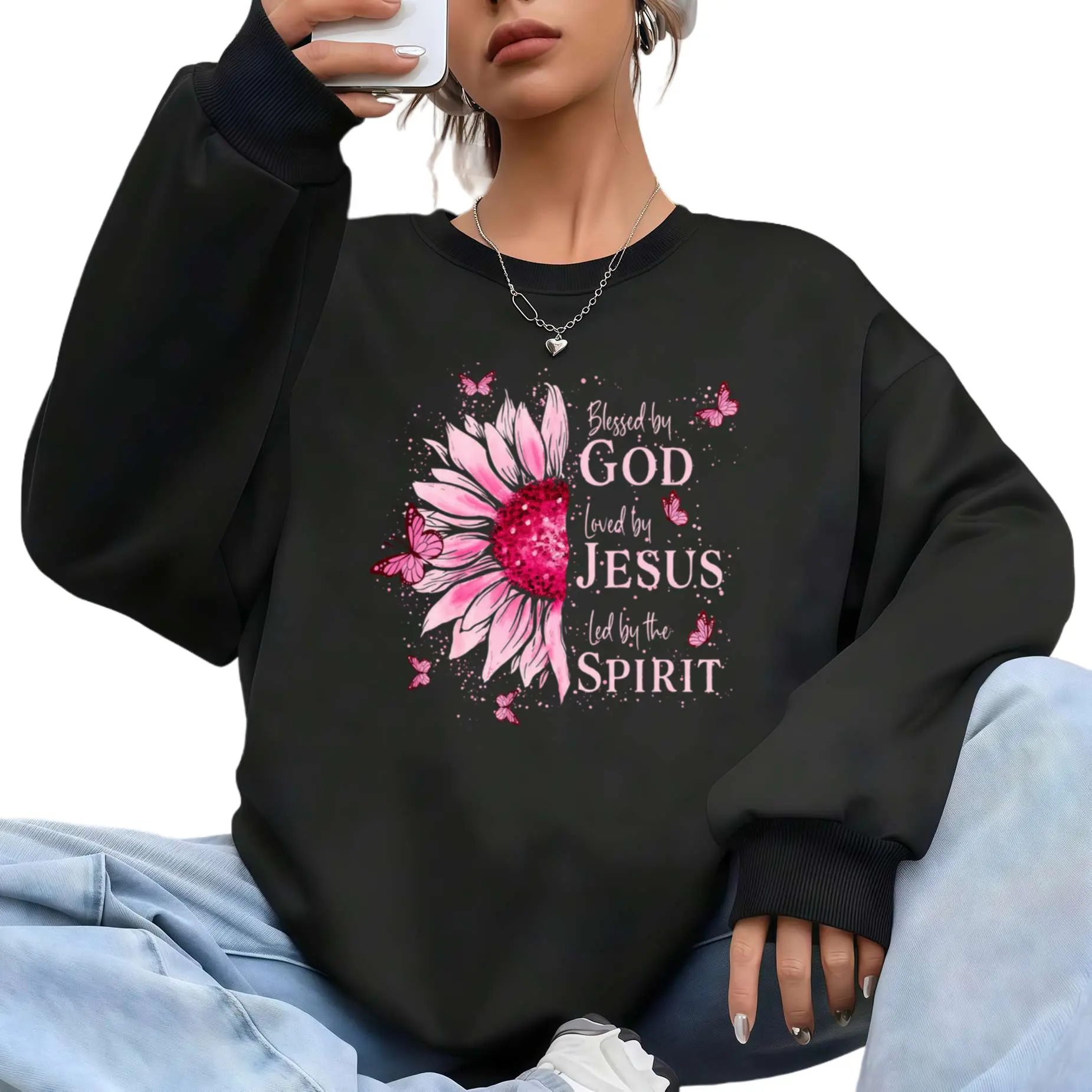Pink Sunflower Long Sleeve Sweatshirt – Blessed By God, Loved By Jesus Inspirational Apparel Fabrics Hoodie