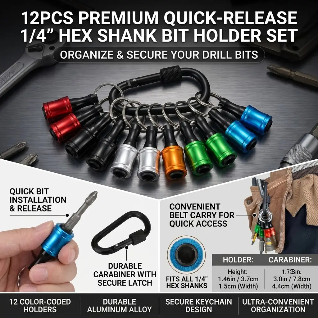 12pcs/6pcs 1/4 Inch Drill Bit Holder Keychain, Hex Screwdriver Extension Rod, Quick Change for Most Electric Drills, Screwdriver Components
