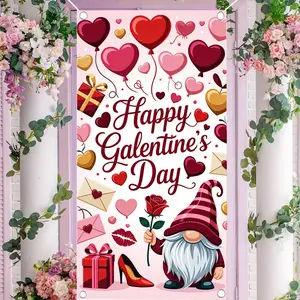 2D flat banner, 1pcGalentine's Day Greeting Card Decor, Festive Pink Heart Background with Red Balloons & Whimsical Gnome Party Suppliesgalentines party decor, valentine day decor, decorations for valentines day