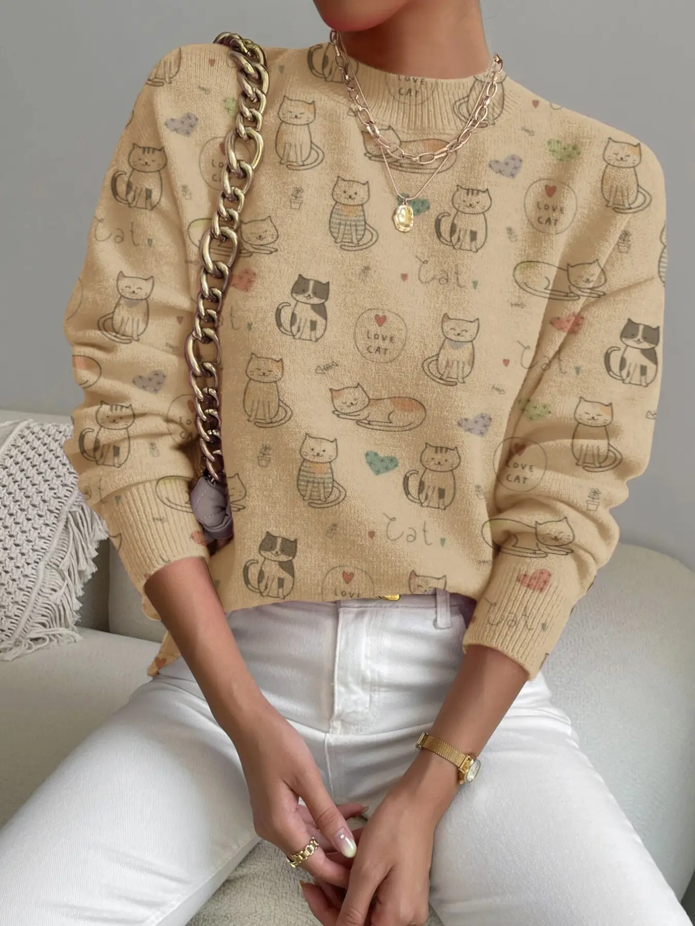 Women's Cartoon Cat Print Stand Collar Sweater, Fall Winter Casual Long Sleeve Knitwear, Comfortable Warm Daily Wear