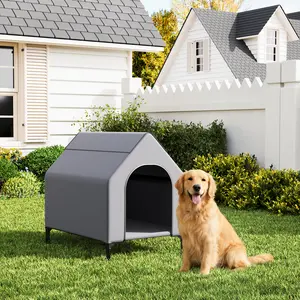 Elevated Outdoor Dog House with Canopy, 41" Large Dog Kennel Bed for Medium Large Breeds, Waterproof 600D Oxford Fabric Pet Shelter for Camping Backyard Patio, Portable Raised Dog Tent with Rollable Windows & Washable Mesh Mat, Grey