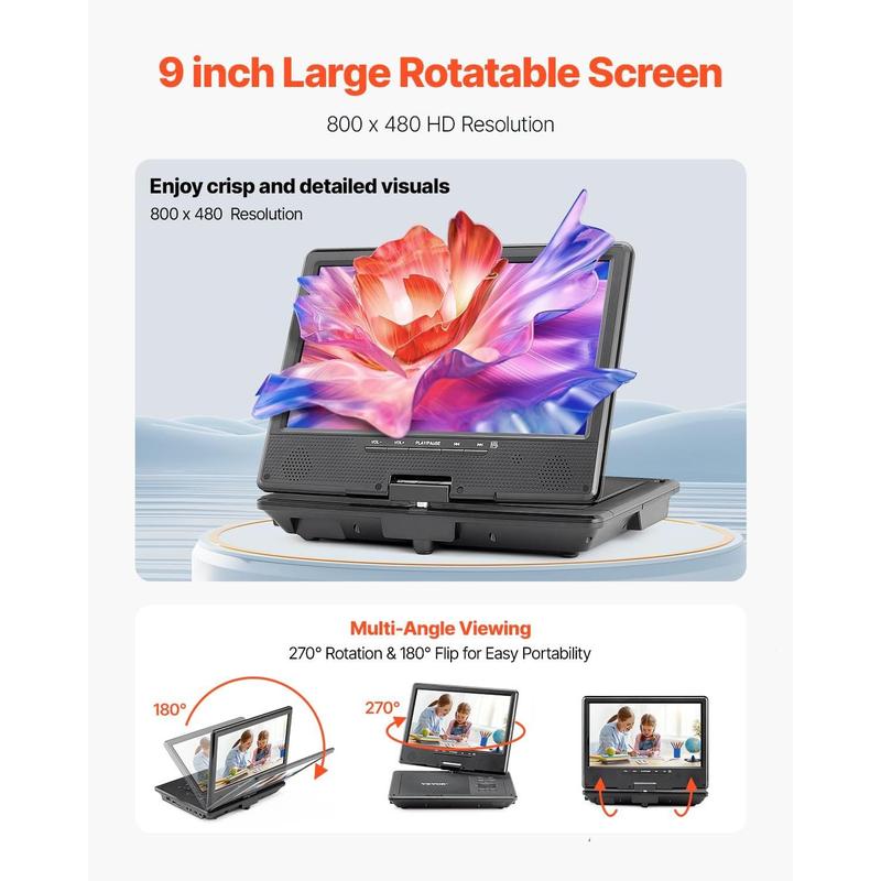 VEVOR Portable DVD Player, 9 inch HD Swivel Display Screen, 4 Hours Built-in Rechargeable Battery, Dual Speakers, Support Sync TV/USB/SD Card/CD/DVD, Car Charger, AC Power Adapter, Remote Control
