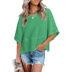 Beotyshow Women's 2025 Summer Simple Style Casual Crewneck Batwing Half Sleeve Solid Color T-Shirts