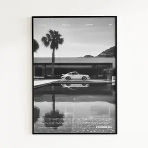 Black and White Porsche 911 by the Pool, Vintage Porsche Print|, Product without No Frame Decor Gift