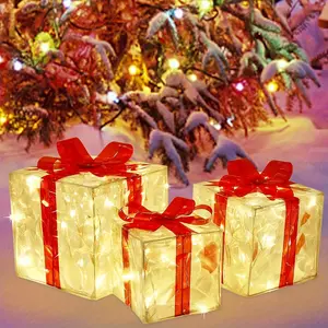 New Set of 3 One Christmas Light up Gift Box, Transparent Warm White Light up Christmas Gift Box Stickers, Christmas Tree, Yard, Family, Christmas Decorations Outdoor Red Bowknot Gift Box 2024 Exquisite Life