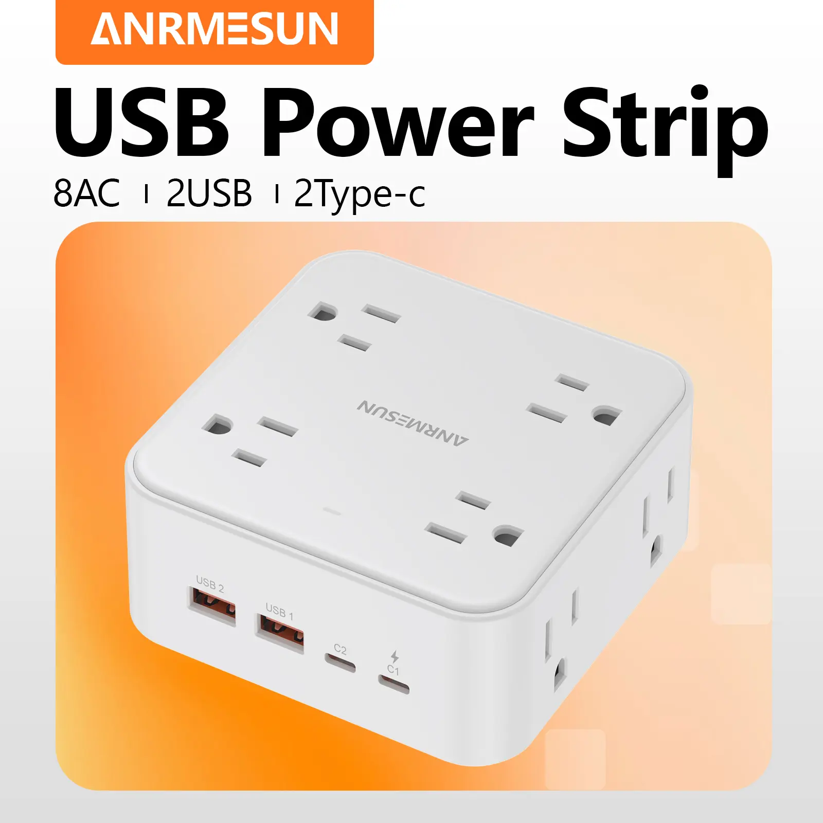ANRMESUN 8 Outlet Wall Surge Protector Outlet Extender with 2 USB-C PD 20W & 2 USB-A Fast Charging, Multi Plug Wall Charger Expander for Home Office Dorm Room Travel Essentials