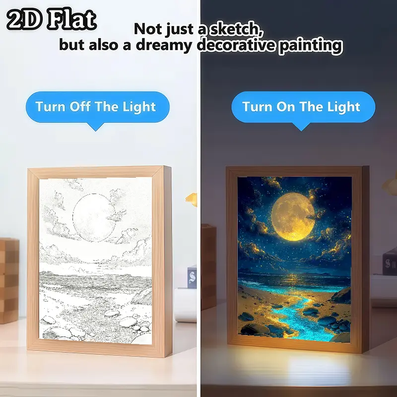 Polished Wood Frame Moonlit Beach LED Light Painting Desk Lamp - USB-Powered, Adjustable, LED Ambient Light, Study/Business/Daily Use, Indoor Home Decor, Birthday Gift for Concept Art Enthusiasts