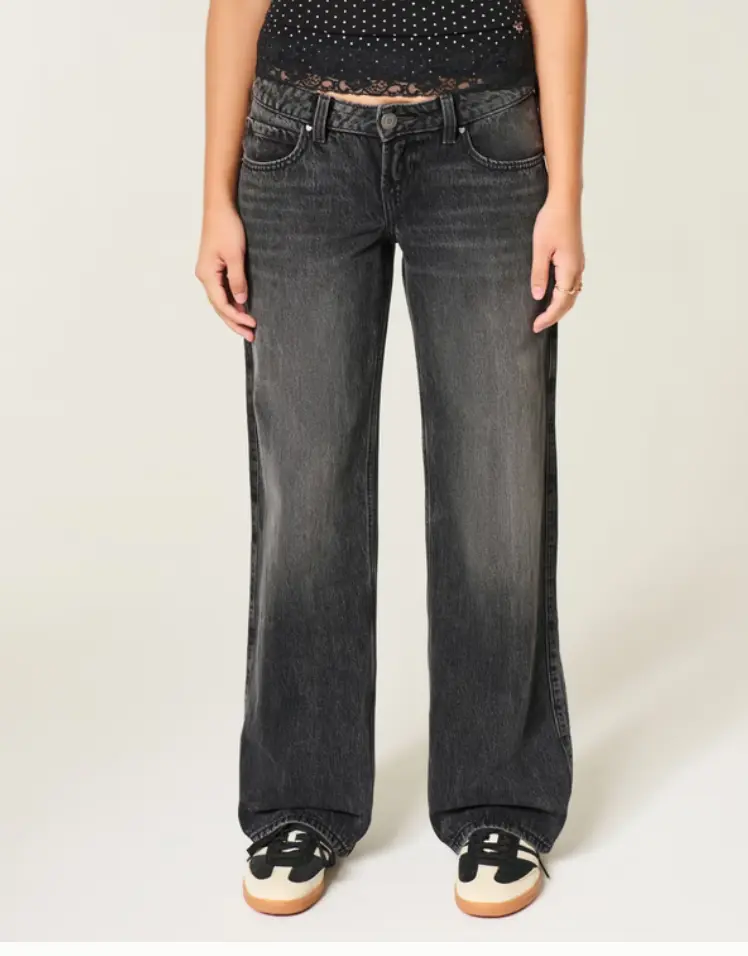 Hollister Women's Ultra Low-Rise Baggy Jeans, Washed Black 100% Cotton Denim with a Heart Rivet Detail, Bottoms, Pocket
