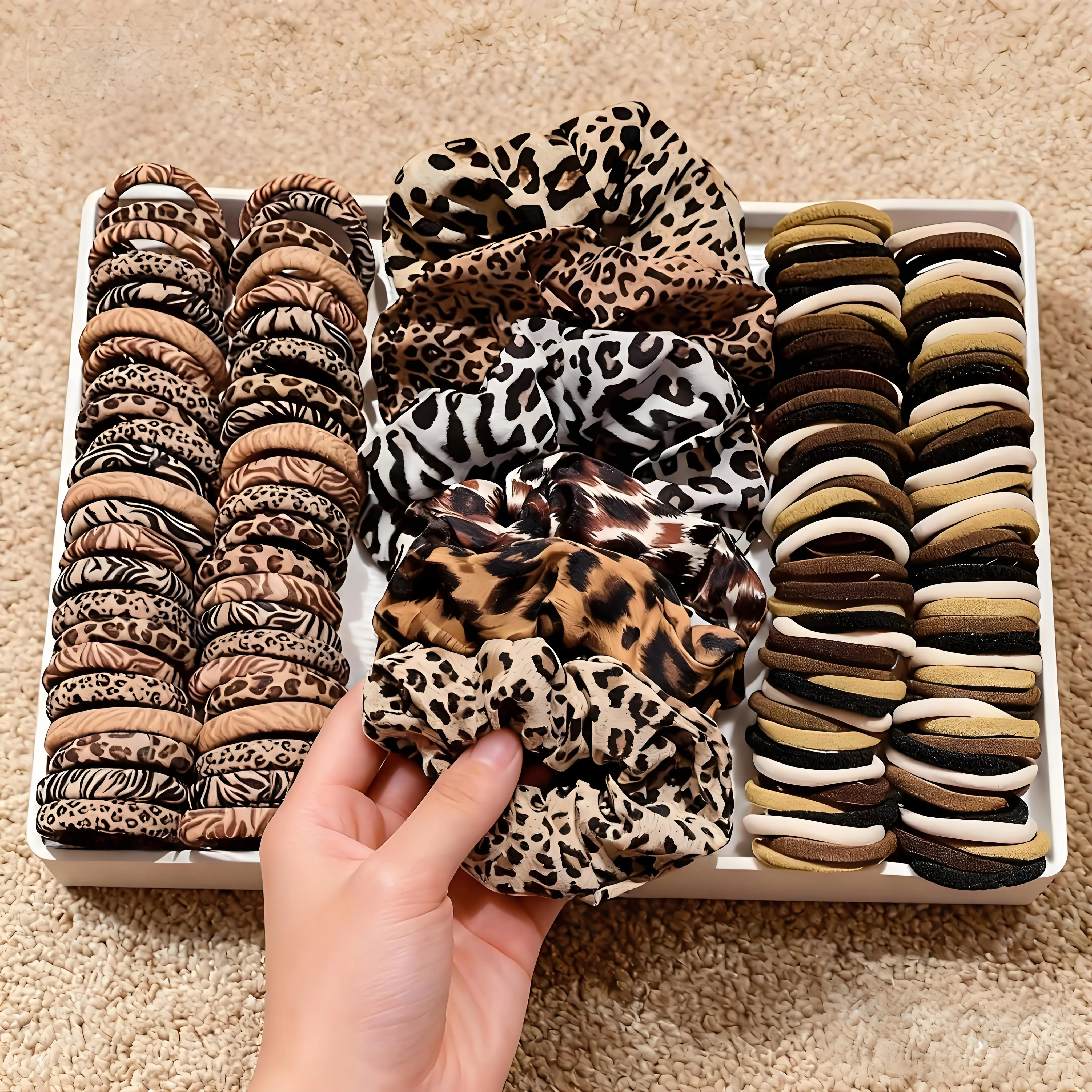 66pcs Leopard Print Fashion Hair Ties, Women's Stylish Leopard Print Soft Fabric Hair Bands, Elastic, Damage-Resistant, Suitable for Thick Hair Ponytail Holders, Vintage Bohemian Simple and Versatile Hair Tie Combination Set