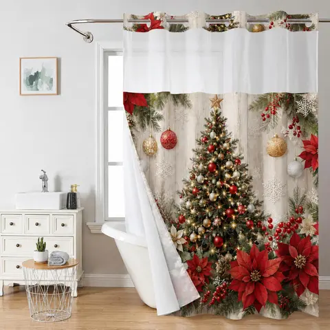 Christmas Tree Curtain  No Hook Double Layer Shower Curtain with Waterproof Fabric, Holiday Tree Floral Print Bathroom Decor, Easy Install Curtain for Home, Hotel & Dorm 72x75 Inch,