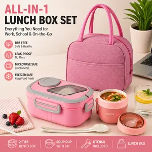 2-layer multi-compartment lunch box set: lunch box + cup + bag. Lunch set with cutlery and sauce box. Microwave safe, suitable for school, work, outdoor lunch box Bpa Free Plastic lunch box