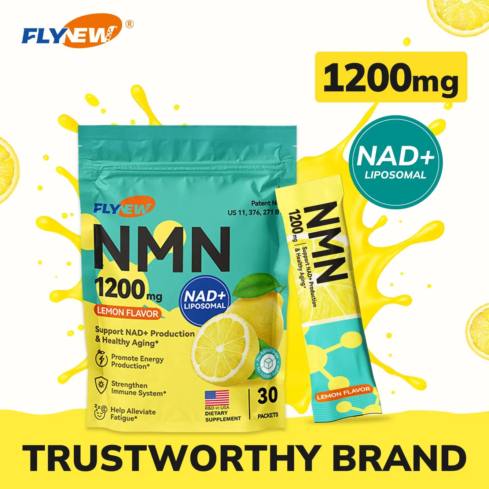 Flynew 1200mg NMN  lemon Flavor Drink Mix for Skin Aging Support, Energy, and Focus - 30 Pack