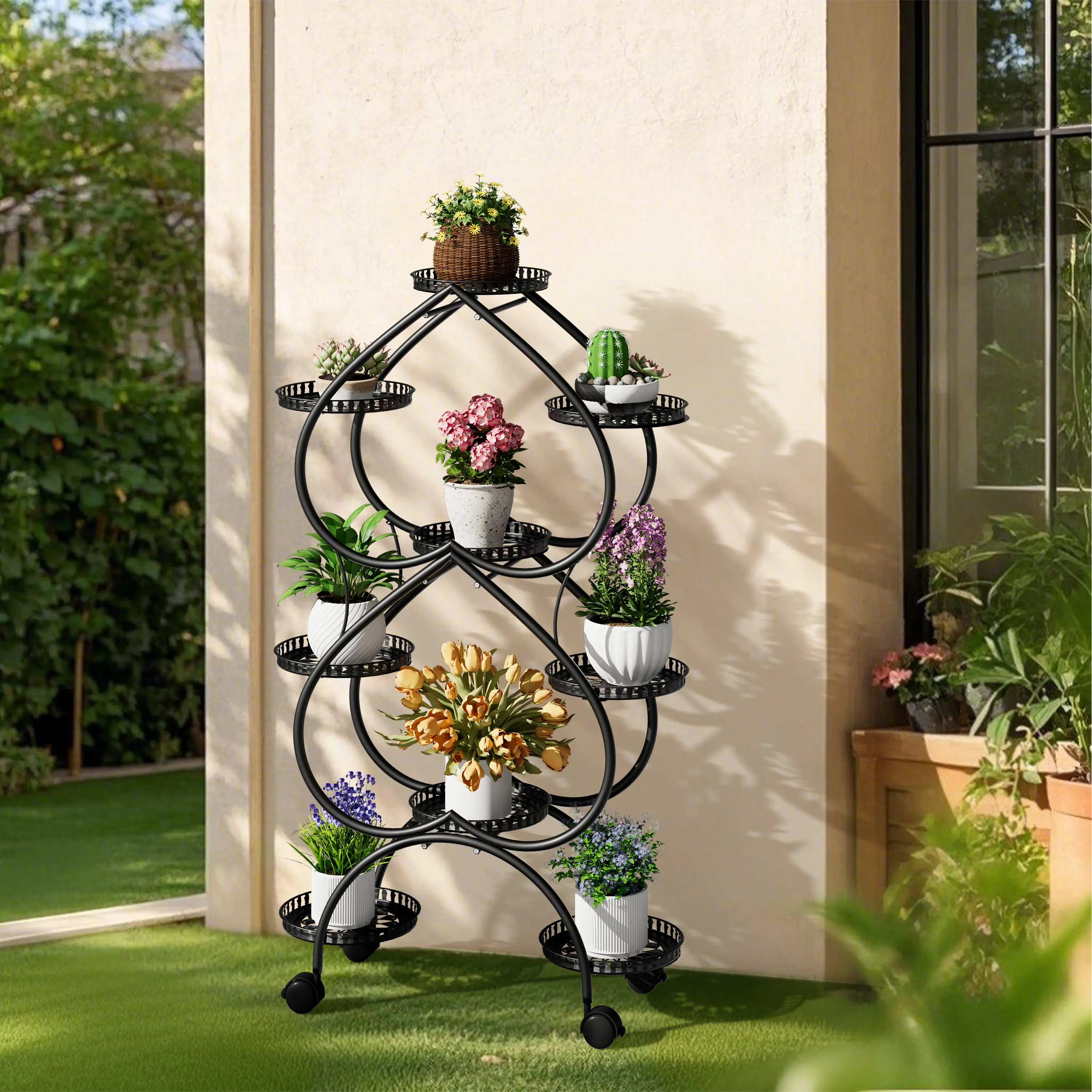 9 Pots Metal Plant Stand Indoor Flower Pot Holder with 4 Wheels Heart Shape Tall Plant Rack for Living Room Garden Balcony Decor, Black