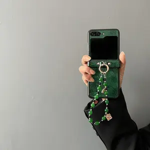 Chinese Style Emerald Green Bracelet Leather Rope Phone Case for Samsung Galaxy Flip7 flip7 Zflip6 5 Zflip5 Shockproof Cover