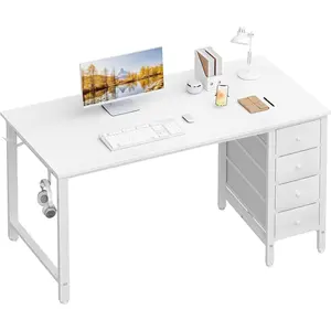 White Computer Desk with Drawers - 55 Inch Long Study Work Writing Desk for  Office Bedroom, Reversible  Cute PC Desks with Fabric Drawer, White