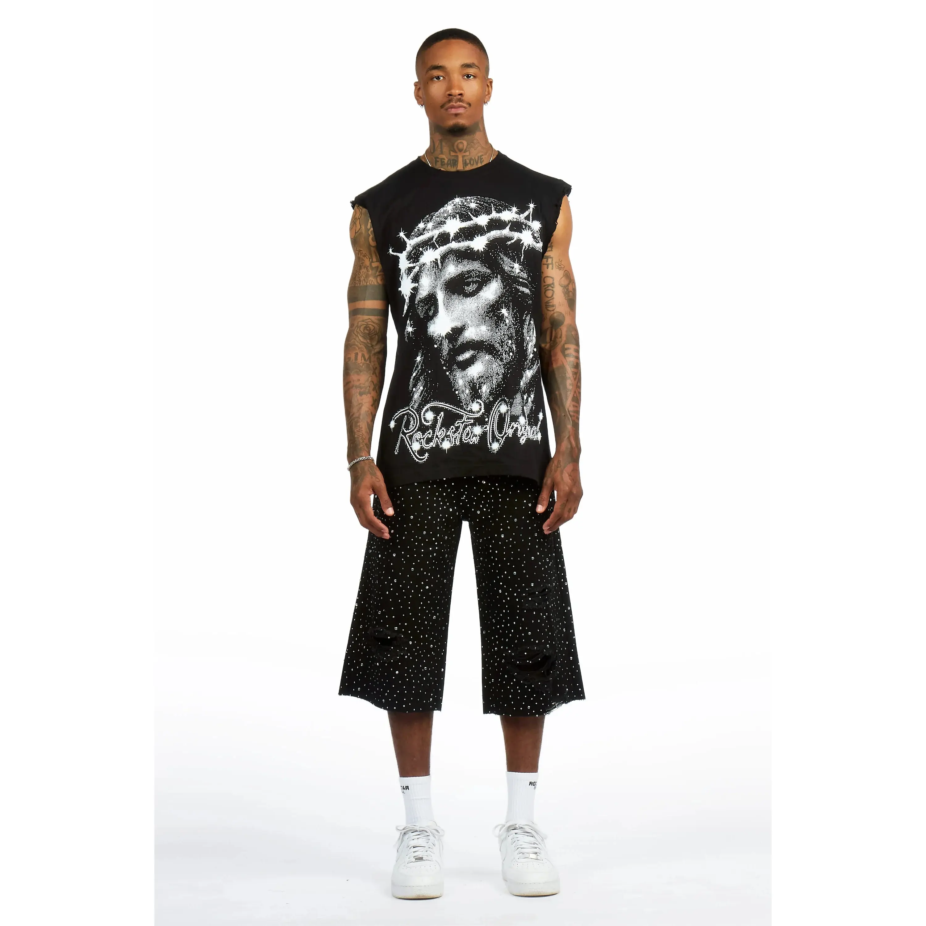Zayir Black/Jet Black Oversized Graphic T-Shirt & Discolite Rhinestone Denim Jort Set