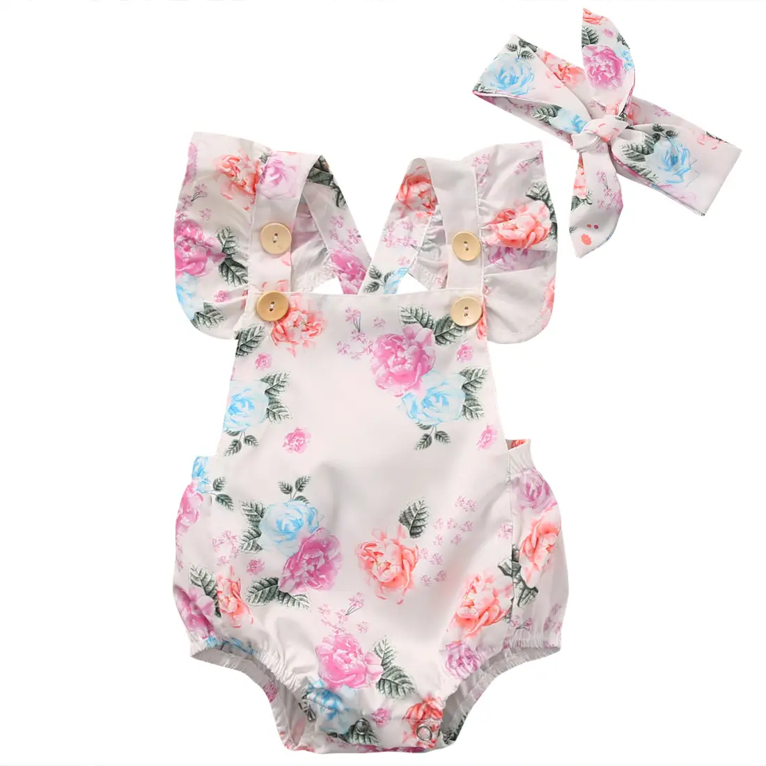 Baby Girl Summer Clothes Outfits Flying Sleeve Romper Floral Bodysuit Sleeveless Jumpsuit with Headband for Newborn Infant Girls
