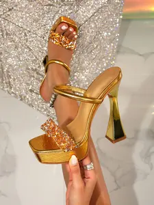 Women's Square Toe Rhinestone Wedge Sandals, / Options, Fashionable Party Shoes, High Heel Thick Sole Design, Elegant Party Shoes