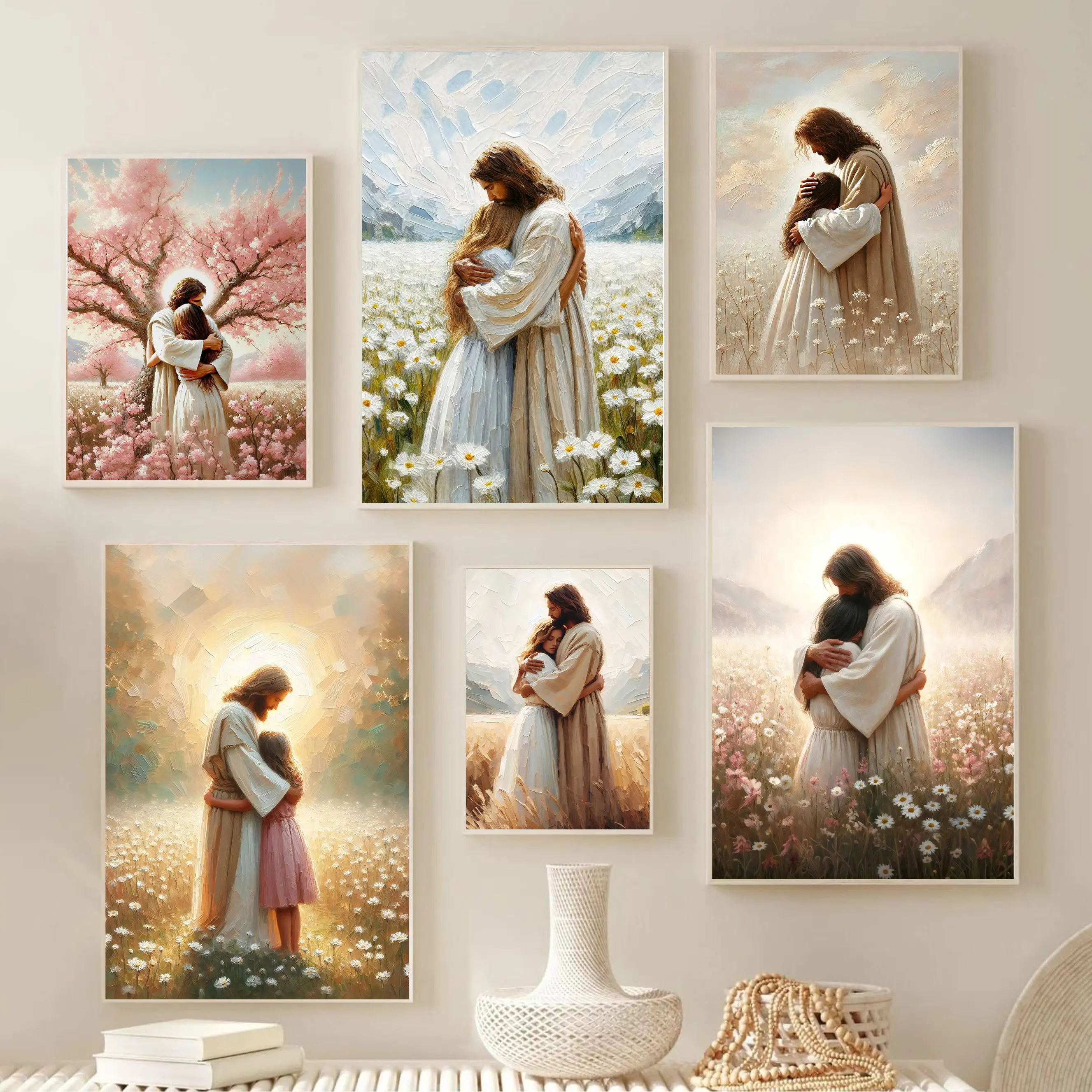 Jesus Hugging Girl Canvas Wall Art Jesus and Woman Wall Decor Pictures Modern Christian Healing Embrace Posters for Hallway Bathroom Dining Living Room Kitchen Wall Bedroom Decoration museum-quality poster art print