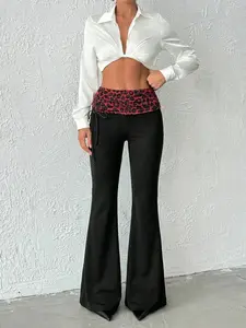 women's summer rave outfit festival  hippie Streetwear Y2K grunge red leopard Straps Turn-down trousers flare pants