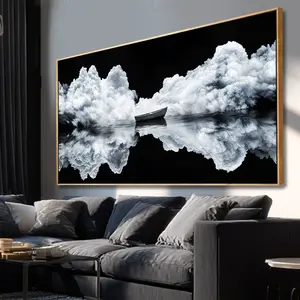 Solitary Boat Wall Art, Quiet Cloud Canvas Print, Monochrome Nature Artwork for Meditation Room or Entryway – Zen-Inspired Decor Ornaments Decoration