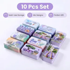 8 Mini Tin Boxes, Set, Lavender Theme, Portable Compartmentalized Storage, Coin Earring Nail Clipper Organizer, Home Organization Essentials