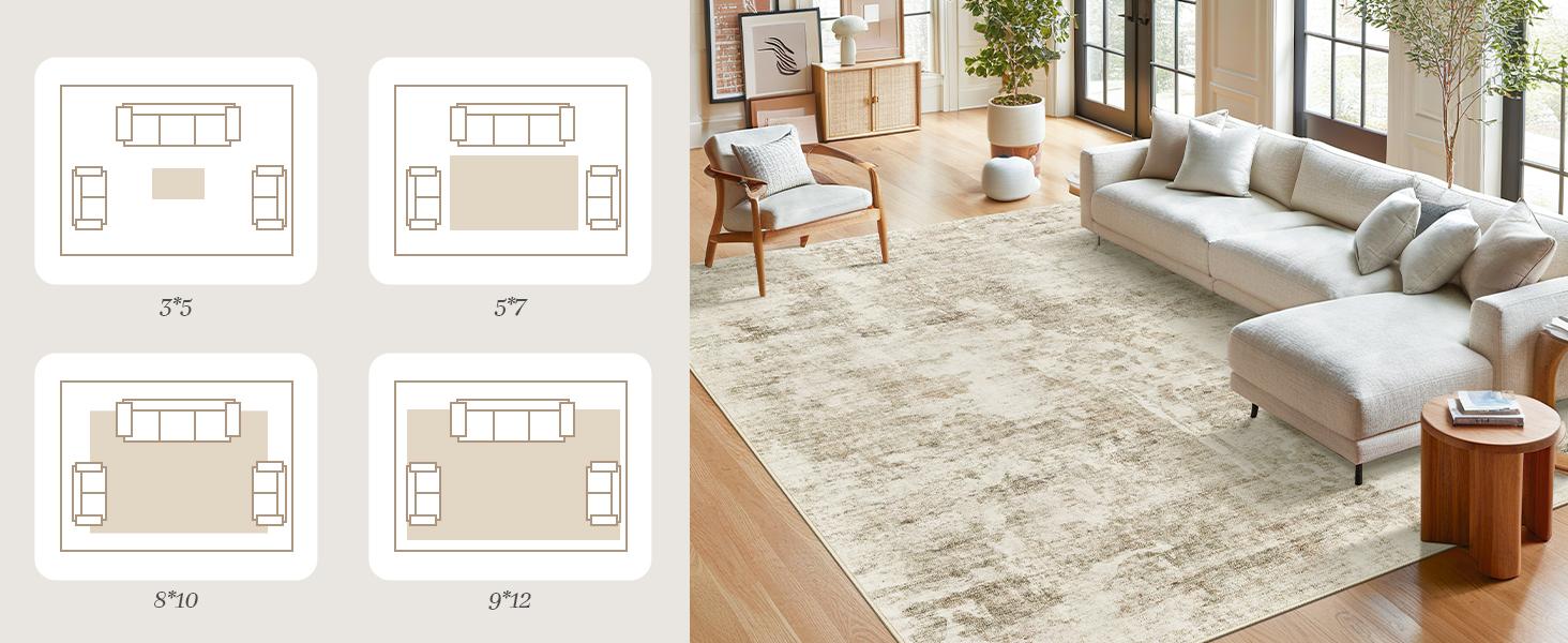 ComiComi Abstract Modern Neutral Beige Area Rug, Soft & Cozy Large Thin Machine Washable Rug, Non-Slip Backing, Water & Stain Resistant Carpet for Living Room, Bedroom, Kids & Pets, Indoor Rug for Home Decor, Apartment, Home Office
