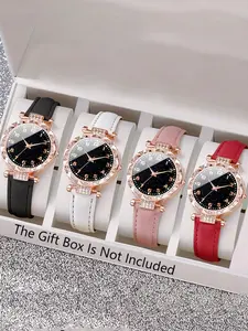 A set of four fashionable quartz watches for women featuring Arabic numerals and leather straps, Elegant quartz watch