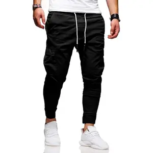 Men's Athletic Fabric Cargo Pants Above the Ankle Mid Waist Drawstring Sweatpants for Hiking & Outdoor Leisure Sports Activewear Fitted Style Menswear Trouser Black Twill Comfortable All Seasons
