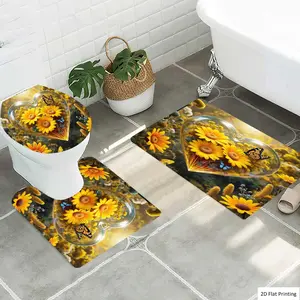 1/3Pcs Romantic Heart shaped Glass Ornament with Sunflowers and Butterflies Bathroom Mat Set, Flannel Non Slip Bath Rug, Toilet U-Shape Mat, Toilet Lid Cover, Thickened Soft Absorb Water, Microfiber Surface Memory