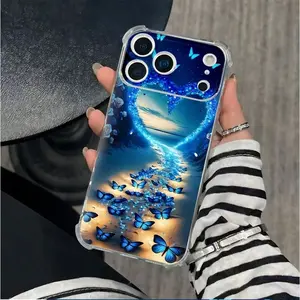 1PC vibrant blue butterfly print design, transparent phone case with corner protection, compatible with iPhone 17, 17 Pro, 17 Air, 17 Pro Max, 16, 15, 14, 13, 12, 11, X, XS, XS Max series, Galaxy A series, and MOTO G series phones. Creative soft protectiv