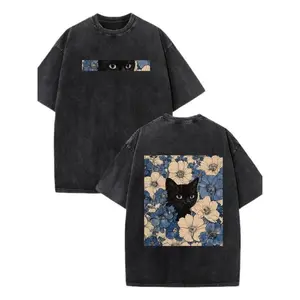 Black Cat Floral Pattern Fun Print Vintage Washed Pure Cotton T-shirt Y2k Style American Street Style Suitable for Both Men and Women To Wear Clothes Casual Fit Chic Round Neck