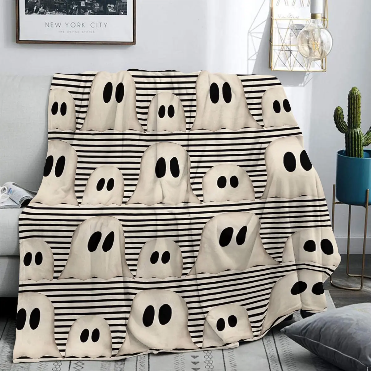 Halloween Cozy Blanket Beautiful Country Ghost Flannel Throw, Scary Farm Blanket, Striped Soft Blanket, Sofa Vintage Decor Gift