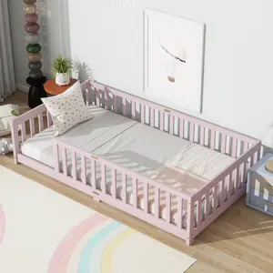 Twin Size Floor Bed with Fence without Door, Rubber Wood Floor Bed with Safety Guardrails,Pink