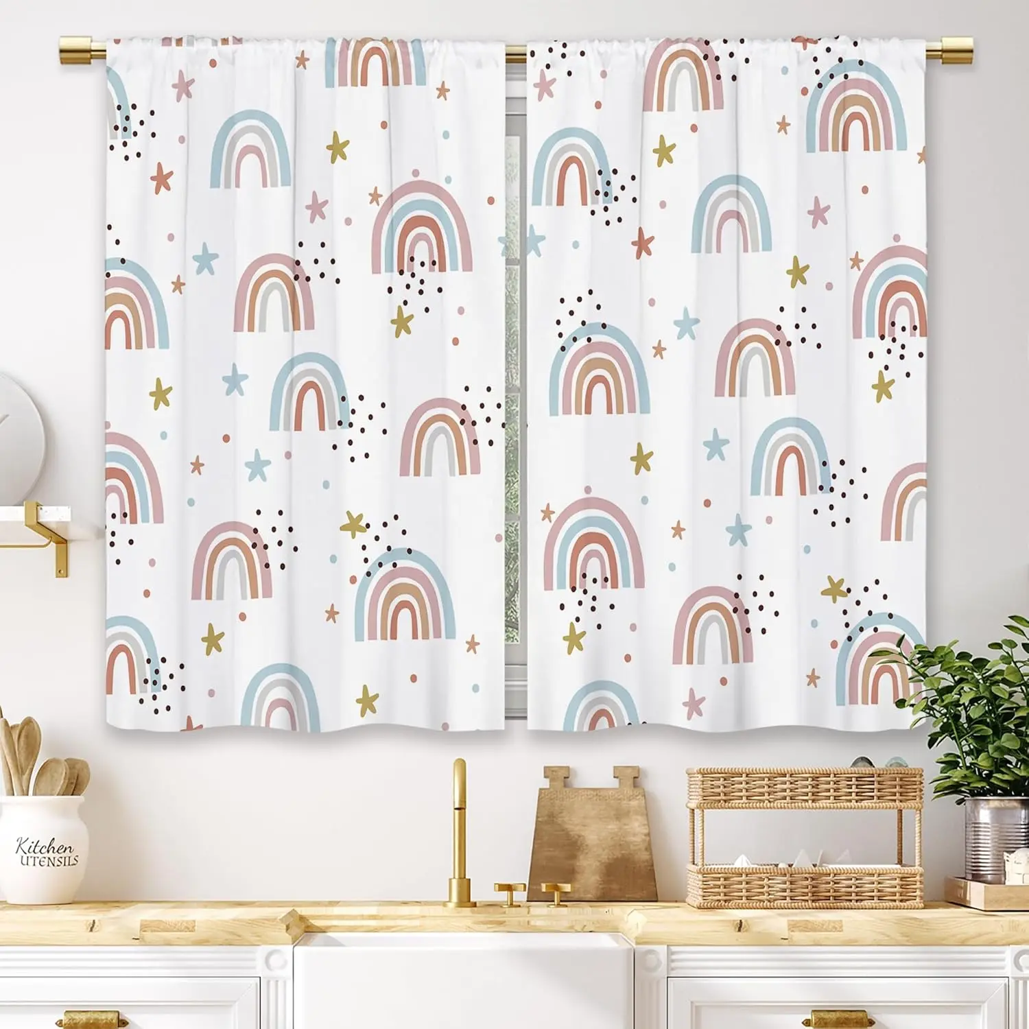 Boho Colorful Rainbow Tier Curtains, 2 Panels (27.5 x 39 in) with Rod Pocket, Anti-Shrink 01-Pink-Blue/02-Pink-Rainbow Cartoon Drapes for Playroom, Kitchen, Bathroom