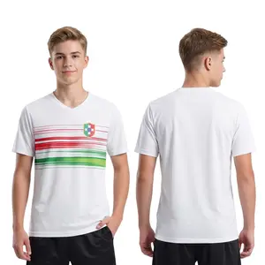 Men White V-Neck Soccer Jersey with Red & Green Stripe Print Casual Sport Football T-Shirt