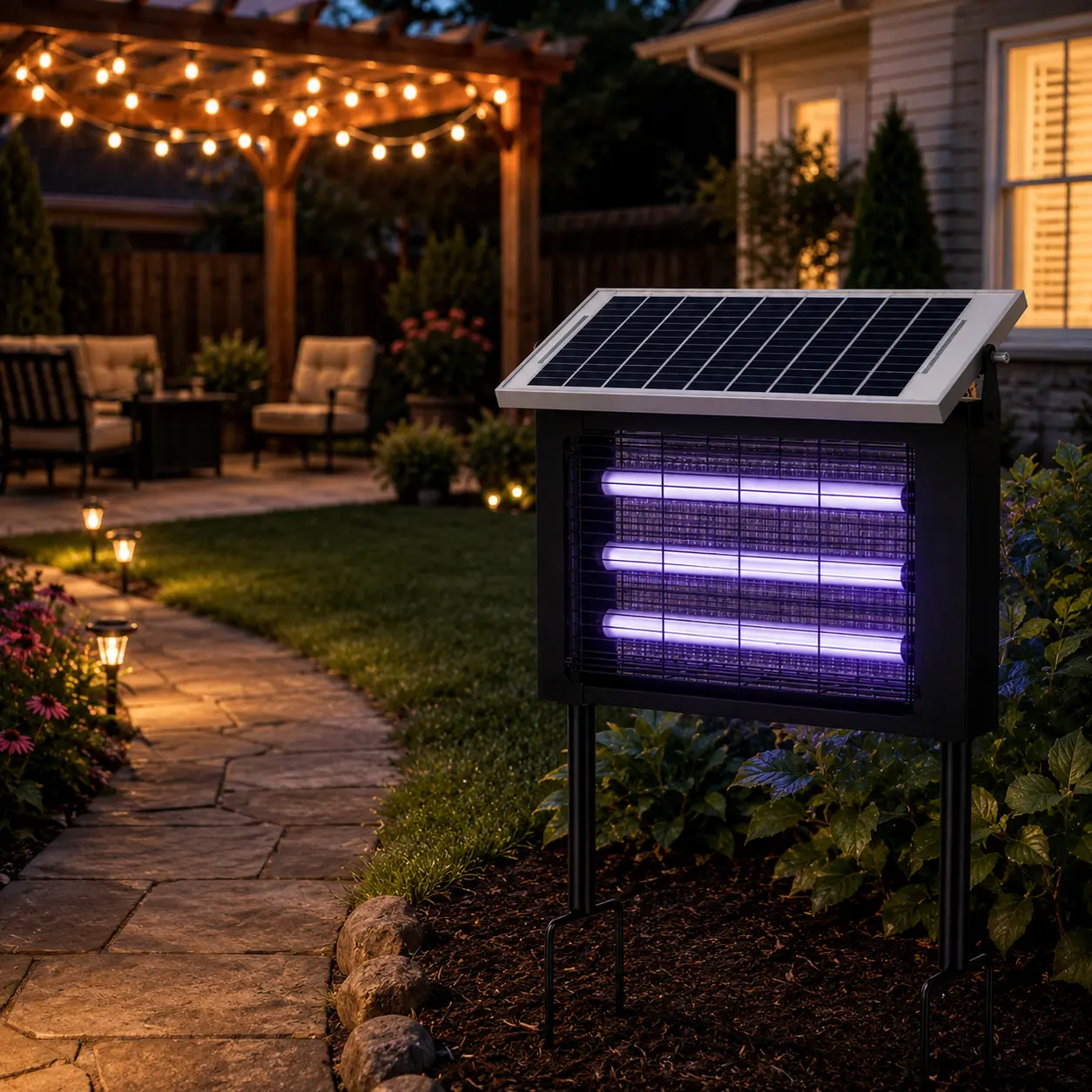 Backyard Patio Bug Catcher, Cordless Solar-Supported Mosquito Trap with Light Sensor, Dual Power Insect Trap for Deck and Outdoor Gatherings